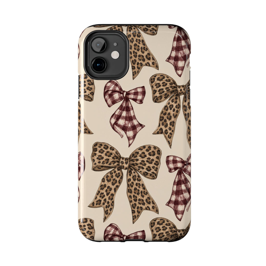 Leopard Bow Phone Case, Plaid Coquette iPhone Case, Neutral Tough Case