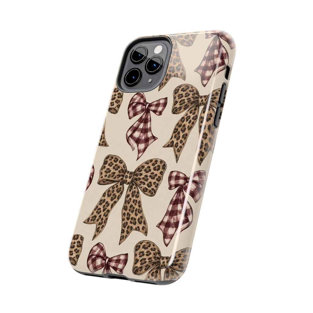 Leopard Bow Phone Case, Plaid Coquette iPhone Case, Neutral Tough Case