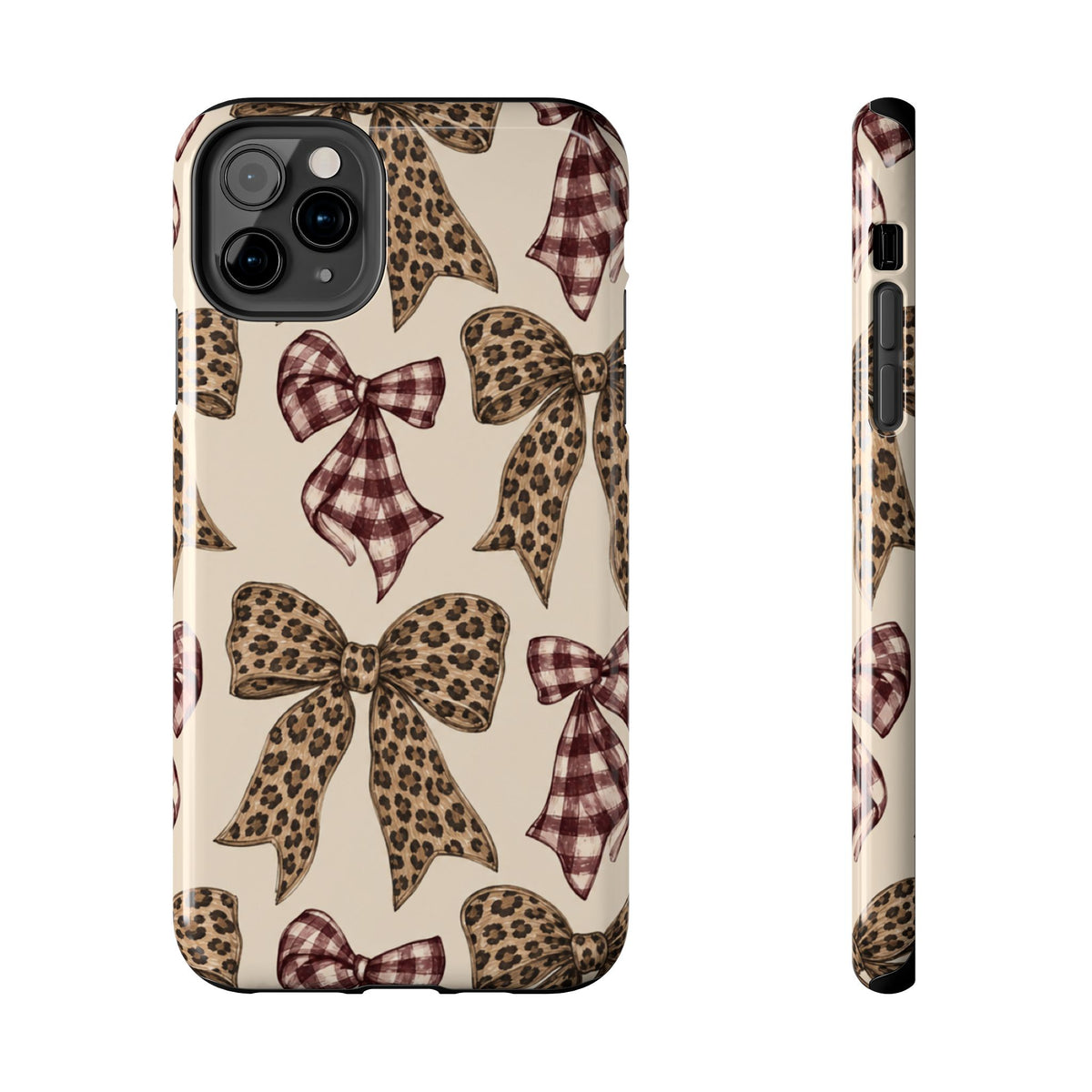Leopard Bow Phone Case, Plaid Coquette iPhone Case, Neutral Tough Case