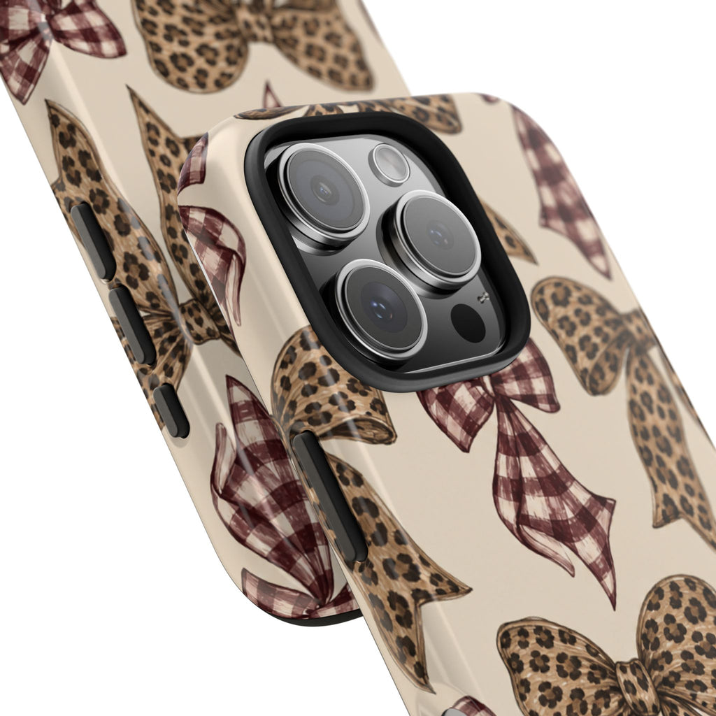 Leopard Bow Phone Case, Plaid Coquette iPhone Case, Neutral Tough Case