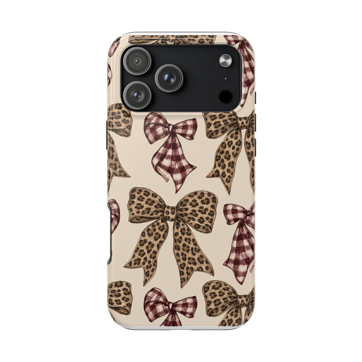Leopard Bow Phone Case, Plaid Coquette iPhone Case, Neutral Tough Case