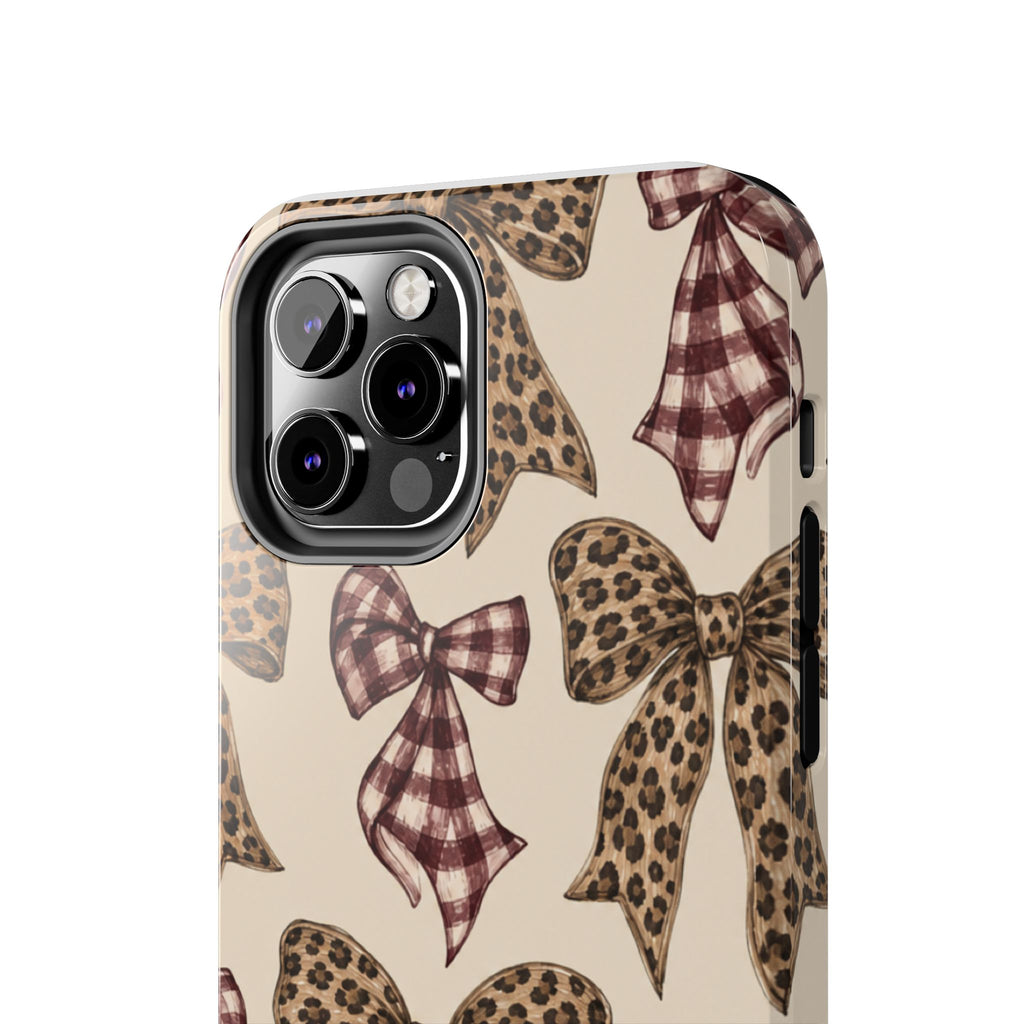 Leopard Bow Phone Case, Plaid Coquette iPhone Case, Neutral Tough Case