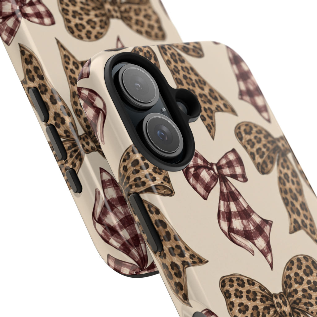 Leopard Bow Phone Case, Plaid Coquette iPhone Case, Neutral Tough Case
