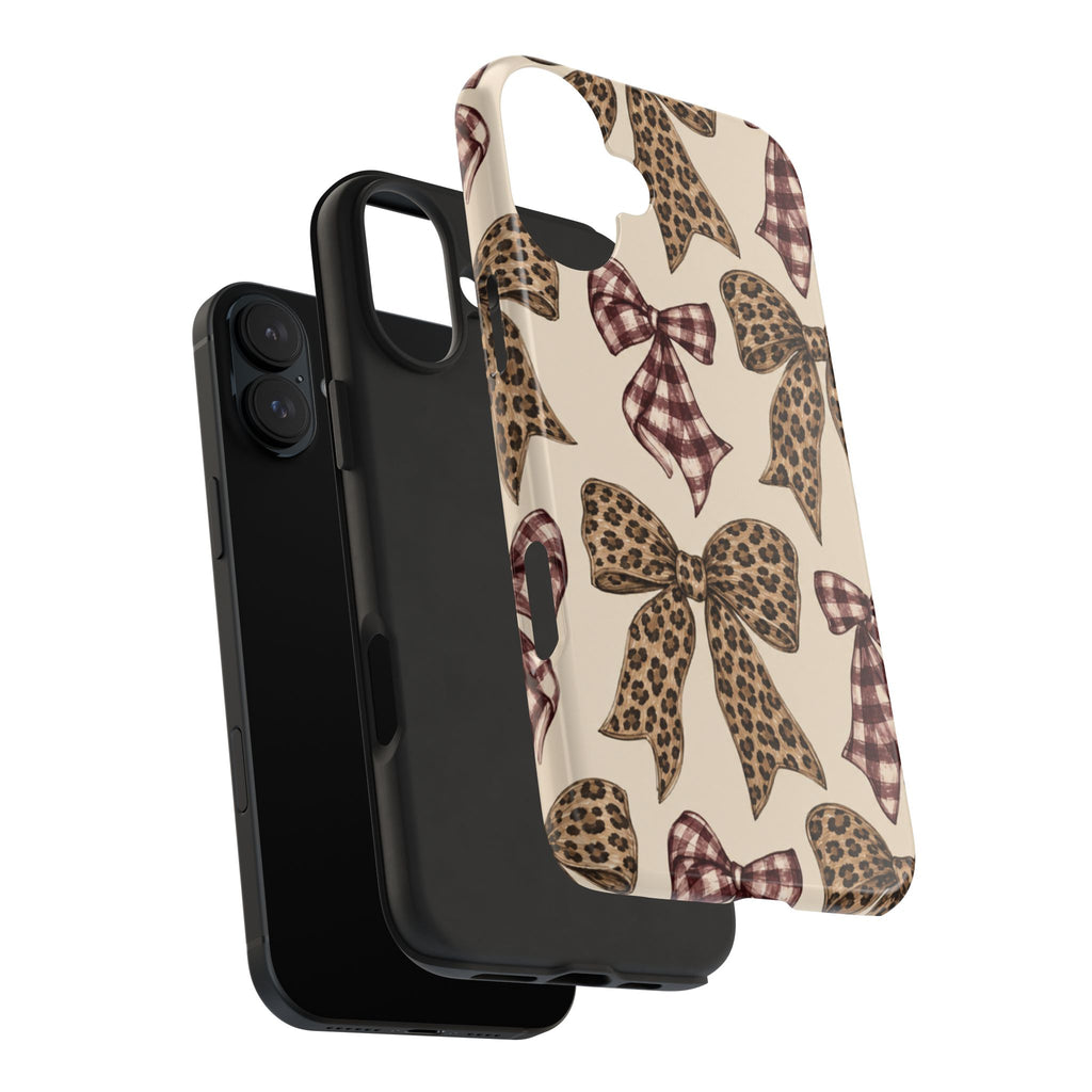 Leopard Bow Phone Case, Plaid Coquette iPhone Case, Neutral Tough Case