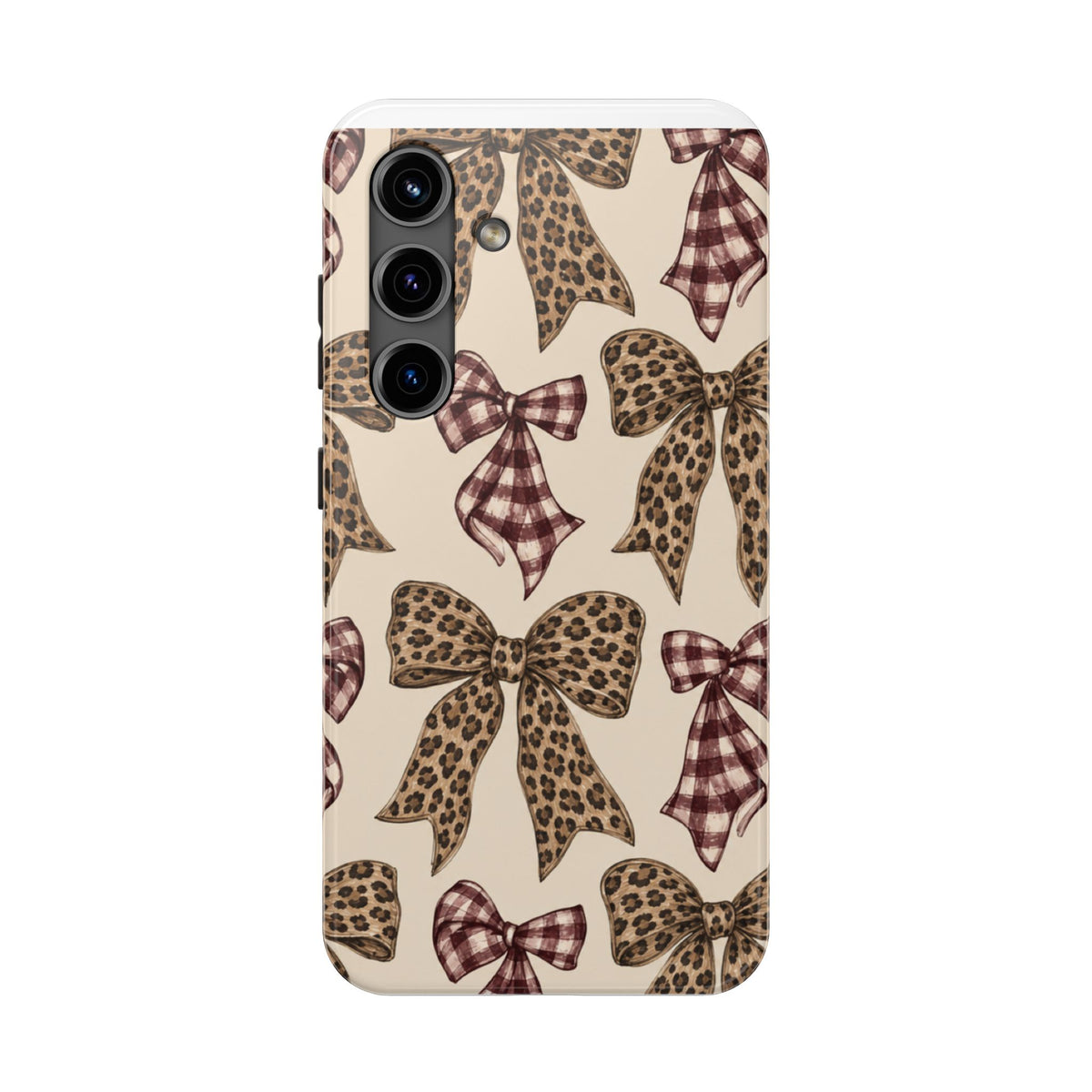 Leopard Bow Phone Case, Plaid Coquette iPhone Case, Neutral Tough Case