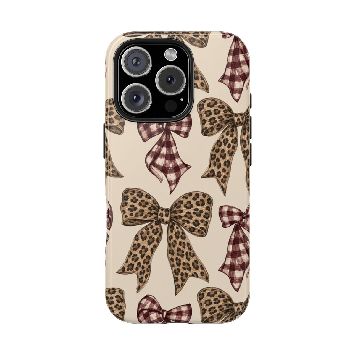 Leopard Bow Phone Case, Plaid Coquette iPhone Case, Neutral Tough Case