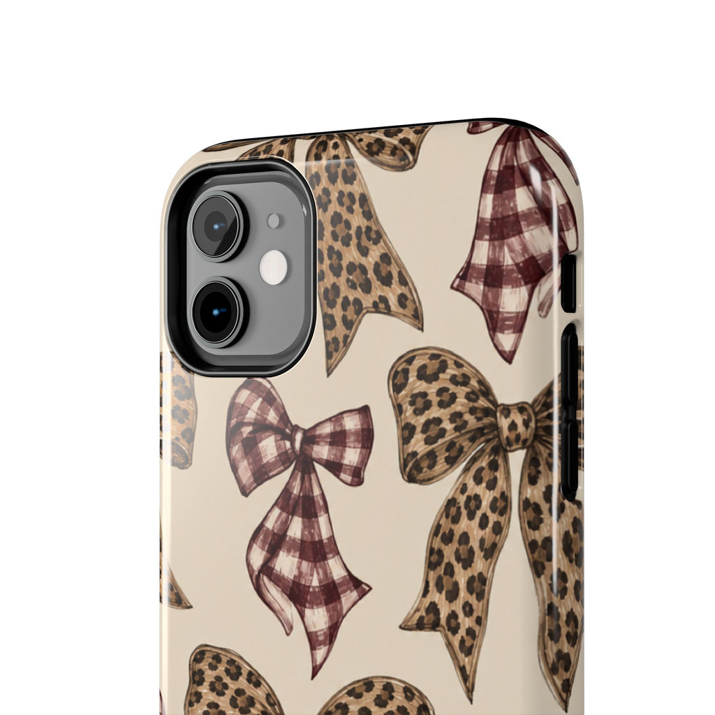 Leopard Bow Phone Case, Plaid Coquette iPhone Case, Neutral Tough Case