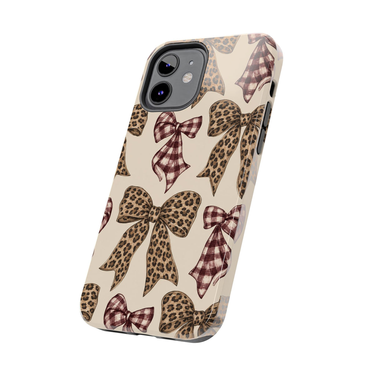 Leopard Bow Phone Case, Plaid Coquette iPhone Case, Neutral Tough Case
