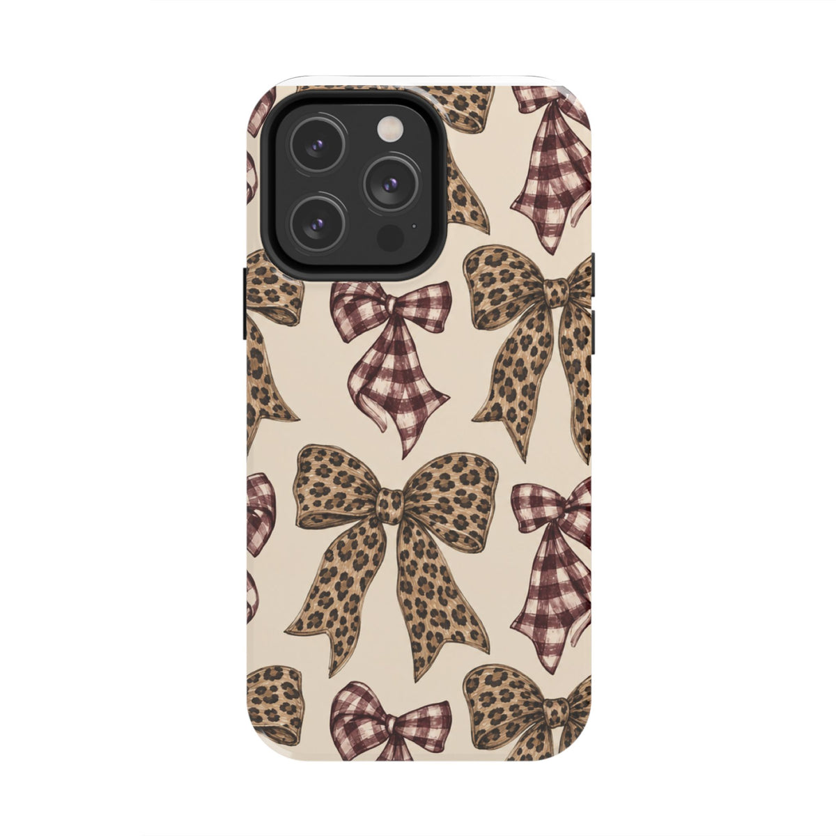 Leopard Bow Phone Case, Plaid Coquette iPhone Case, Neutral Tough Case