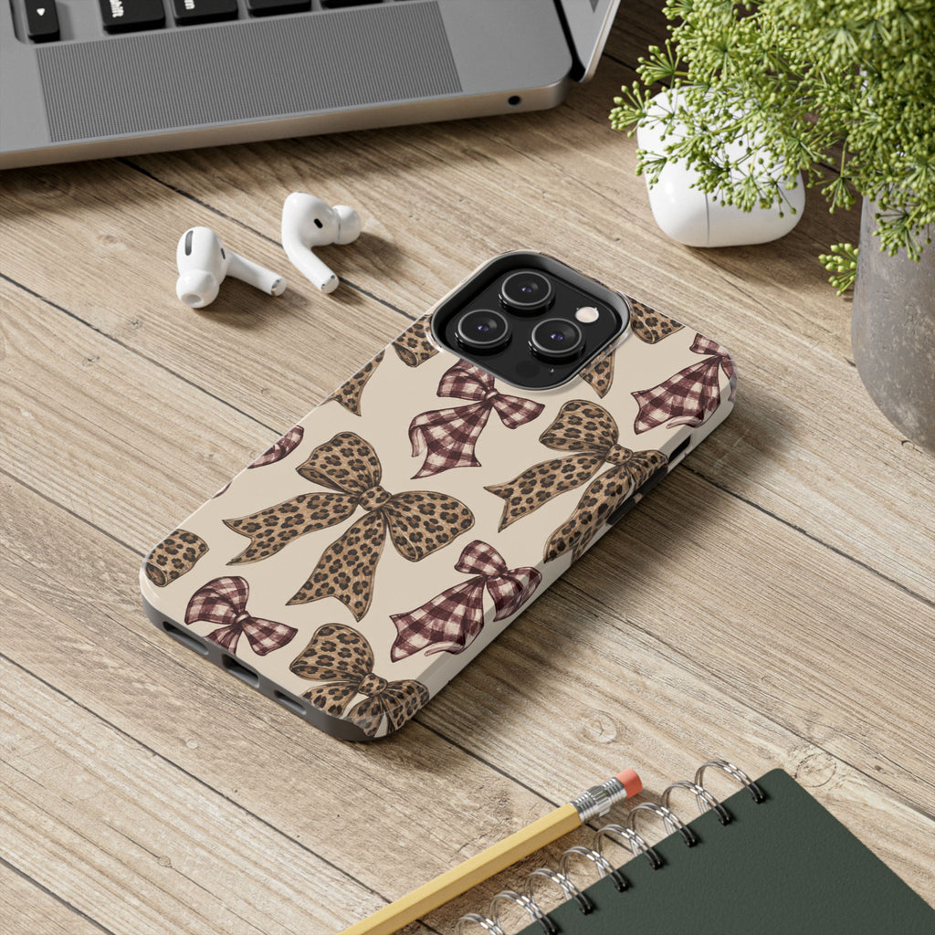 Leopard Bow Phone Case, Plaid Coquette iPhone Case, Neutral Tough Case