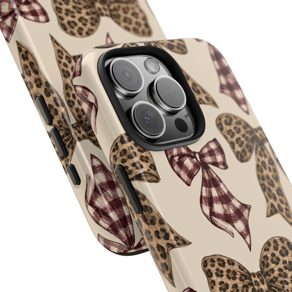 Leopard Bow Phone Case, Plaid Coquette iPhone Case, Neutral Tough Case