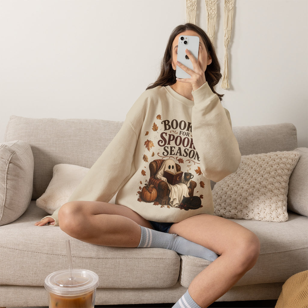 Booked for Spooky Season Sweatshirt, Cozy Ghost Fall Crewneck, Bookish Halloween Sweatshirt